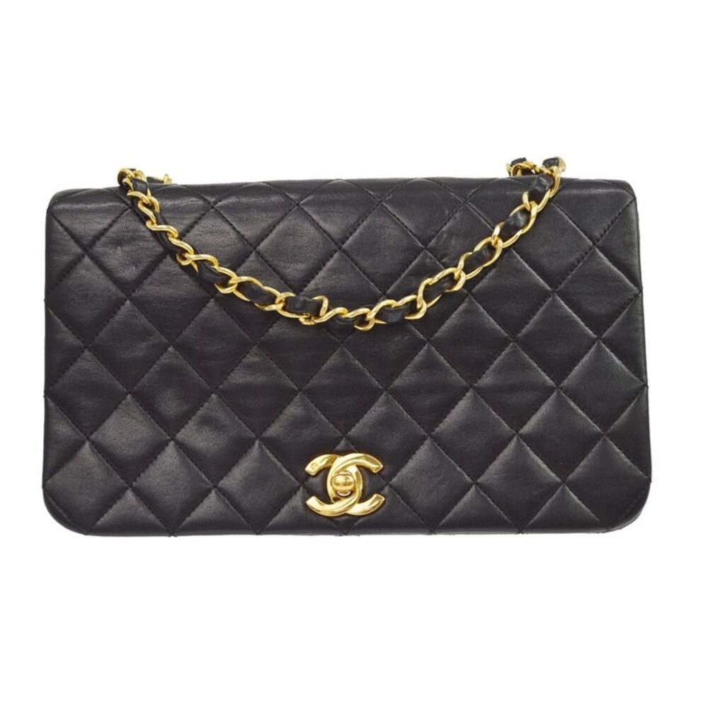 Chanel Vintage Full Flap Quilted Lambskin Black Leather Shoulder Bag Bag